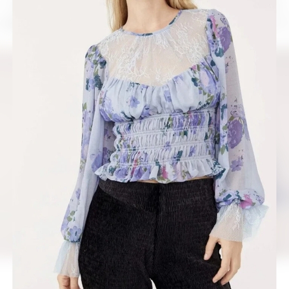 Free People, Daphne Blue Floral Lace Blouson Sleeve Smocked Blouse, SZ Large - Picture 1 of 14